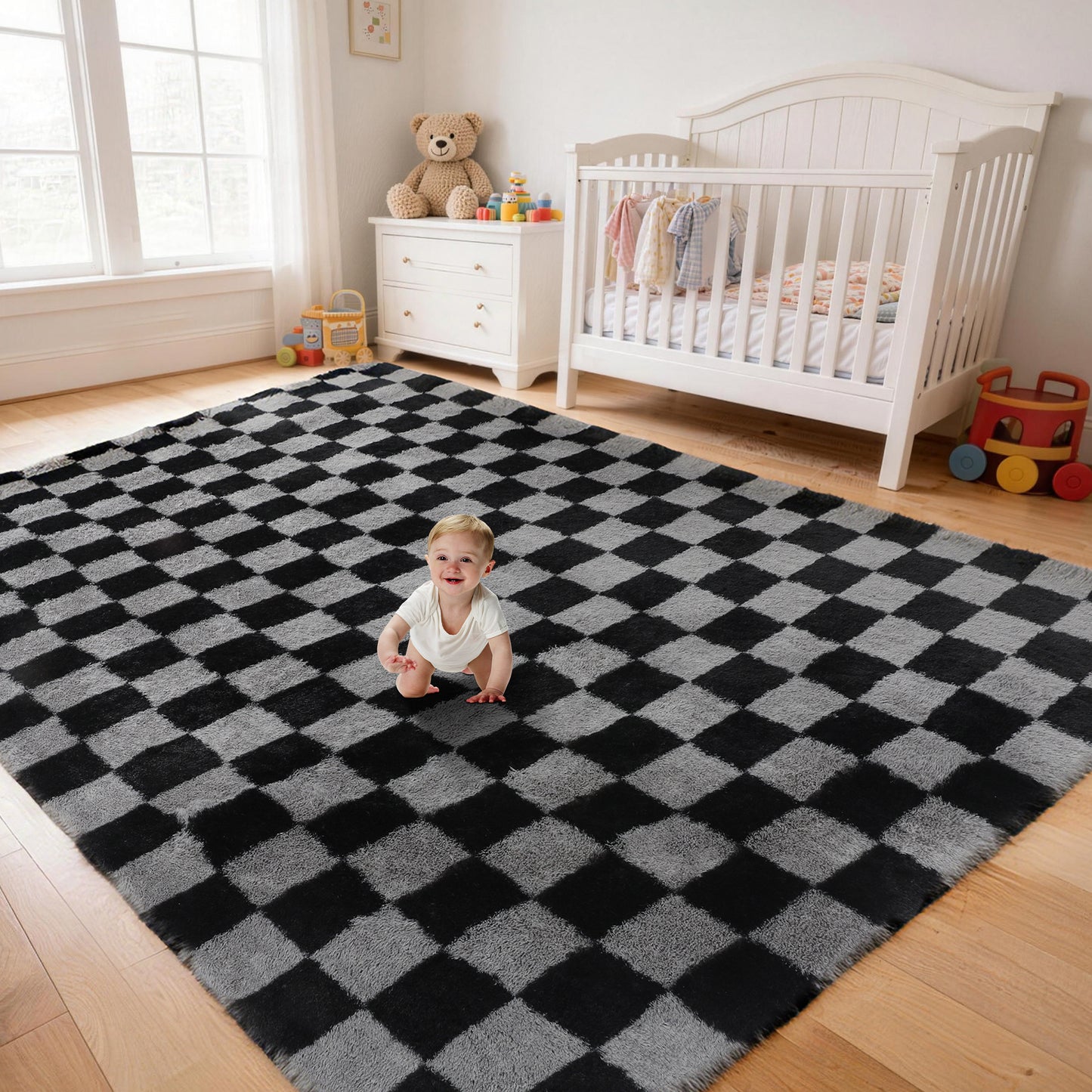 CozyDesg Shag Area Rugs,5'x8'/8' x 10' Soft Fluffy Floor Rugs Checkered Carpet，Washable Area Rugs for Living Room Bedroom Decor,Beige & White