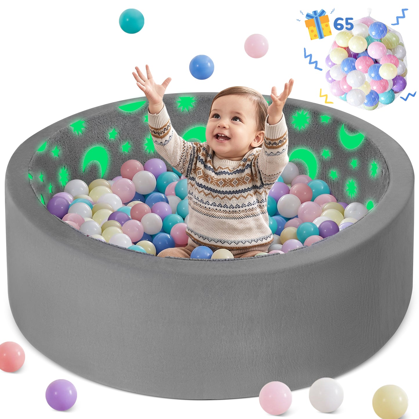 babyeap Ball Pit with 65 Balls,Glowing Foam Ball Pit for Toddlers,Large Soft Baby Playpen Ball Pool for Indoor & Outdoor Play,Round Kids Play Pit,Gray