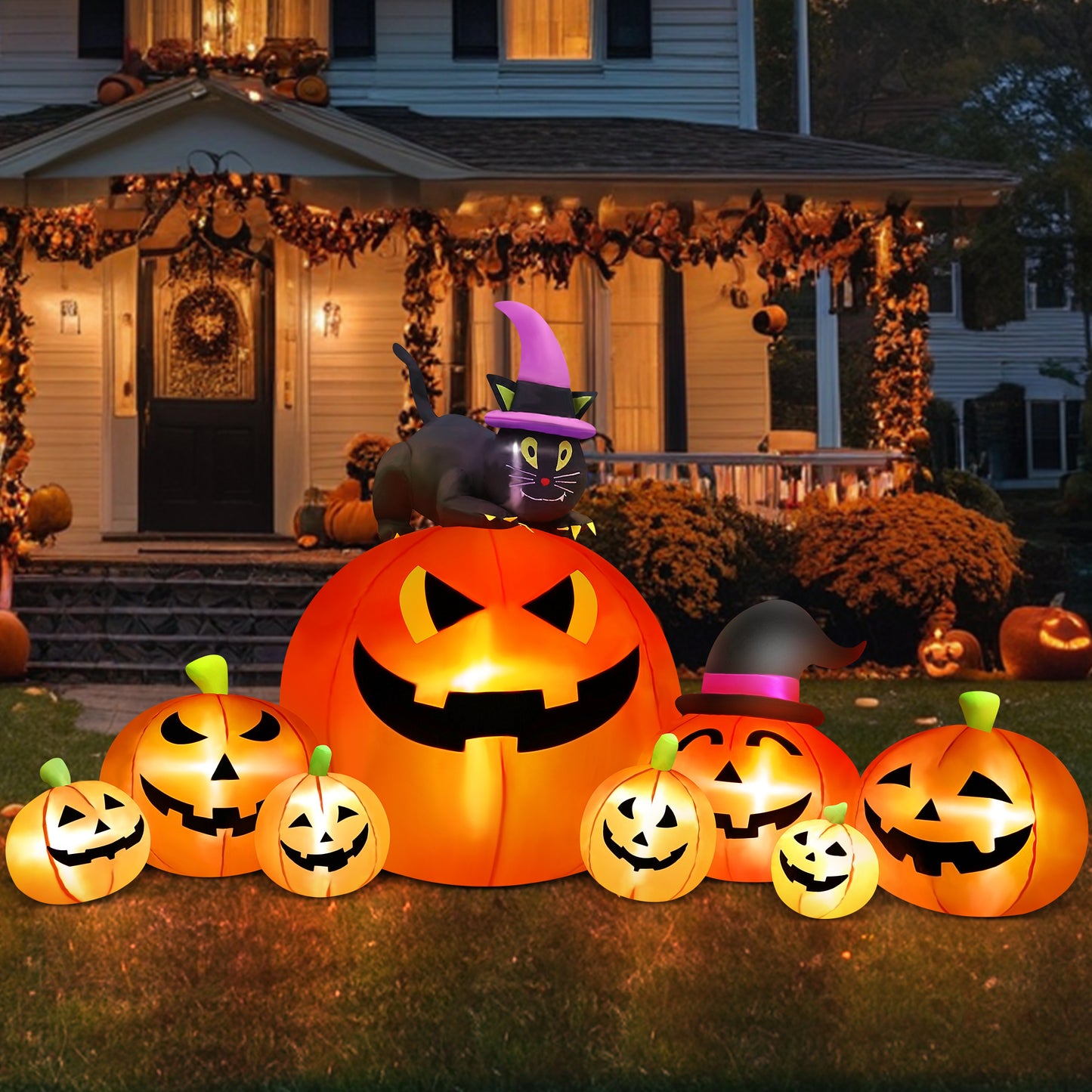 Yexmas 8.5FT Long Halloween Inflatables Pumpkin,8 Pumpkins Halloween Blow Ups with Black Cat & Witches Hat for Halloween Party Outdoor Yard Garden Lawn Decor