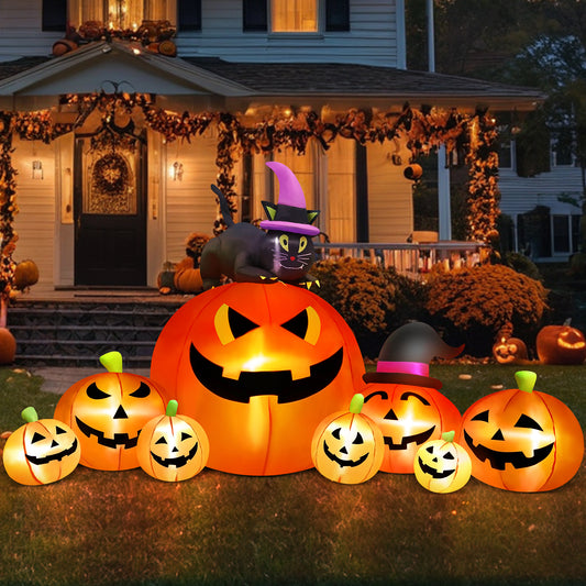 Yexmas 8.5FT Long Halloween Inflatables Pumpkin,8 Pumpkins Halloween Blow Ups with Black Cat & Witches Hat for Halloween Party Outdoor Yard Garden Lawn Decor