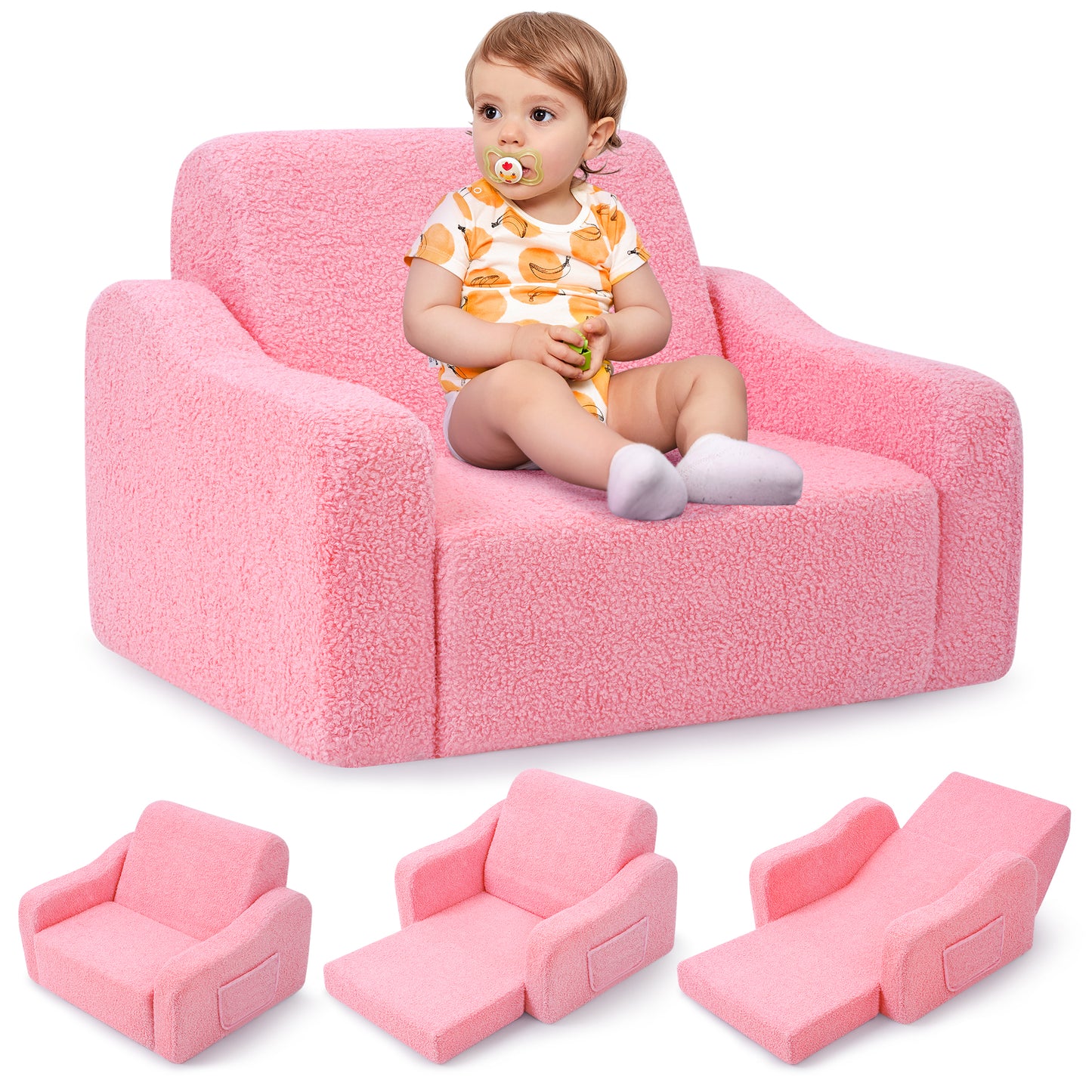 Babyeap 3-in-1 Kids Sofa,Toddler Sofa Bed Fold Out,Comfy Kids Couch,Convertible Baby Chair for Girls and Boys,Pink