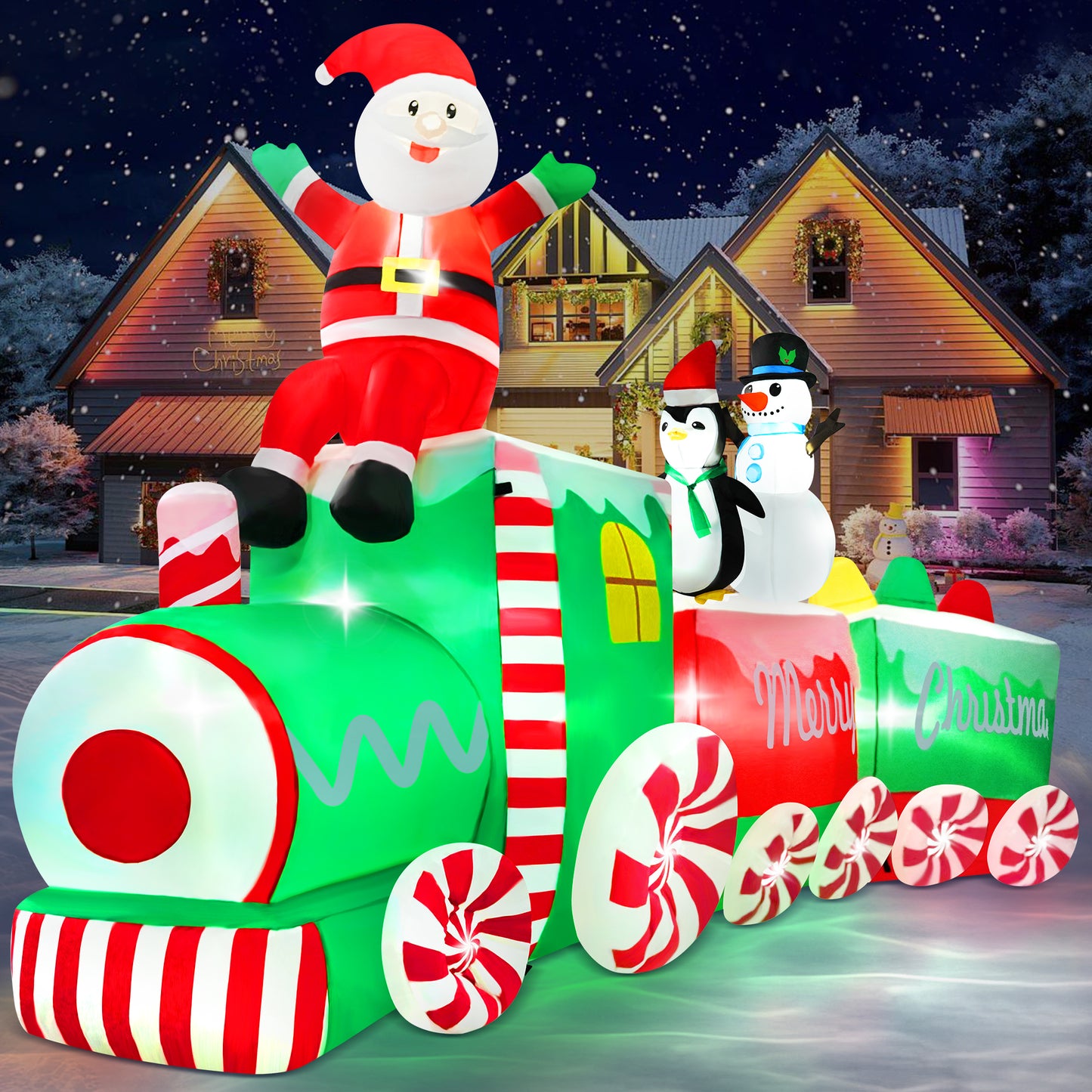 Yexmas 10.5ft Christmas Inflatable Train with Santa Snowman Penguin Dinosaur Corner Outdoor Lights Decorations for Holiday Decorations, Christmas Parties, Yard, Garden and Lawn