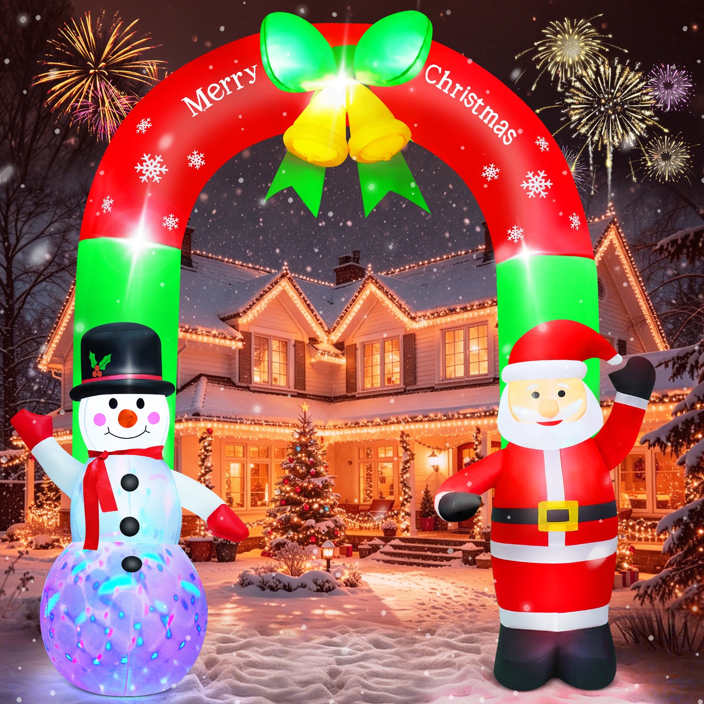 Yexmas 8FT Christmas Inflatable Archway,Christmas Blow Up Yard Decorations with Santa Claus and Snowman,Outdoor Christmas Decorations with Bow LED Lights
