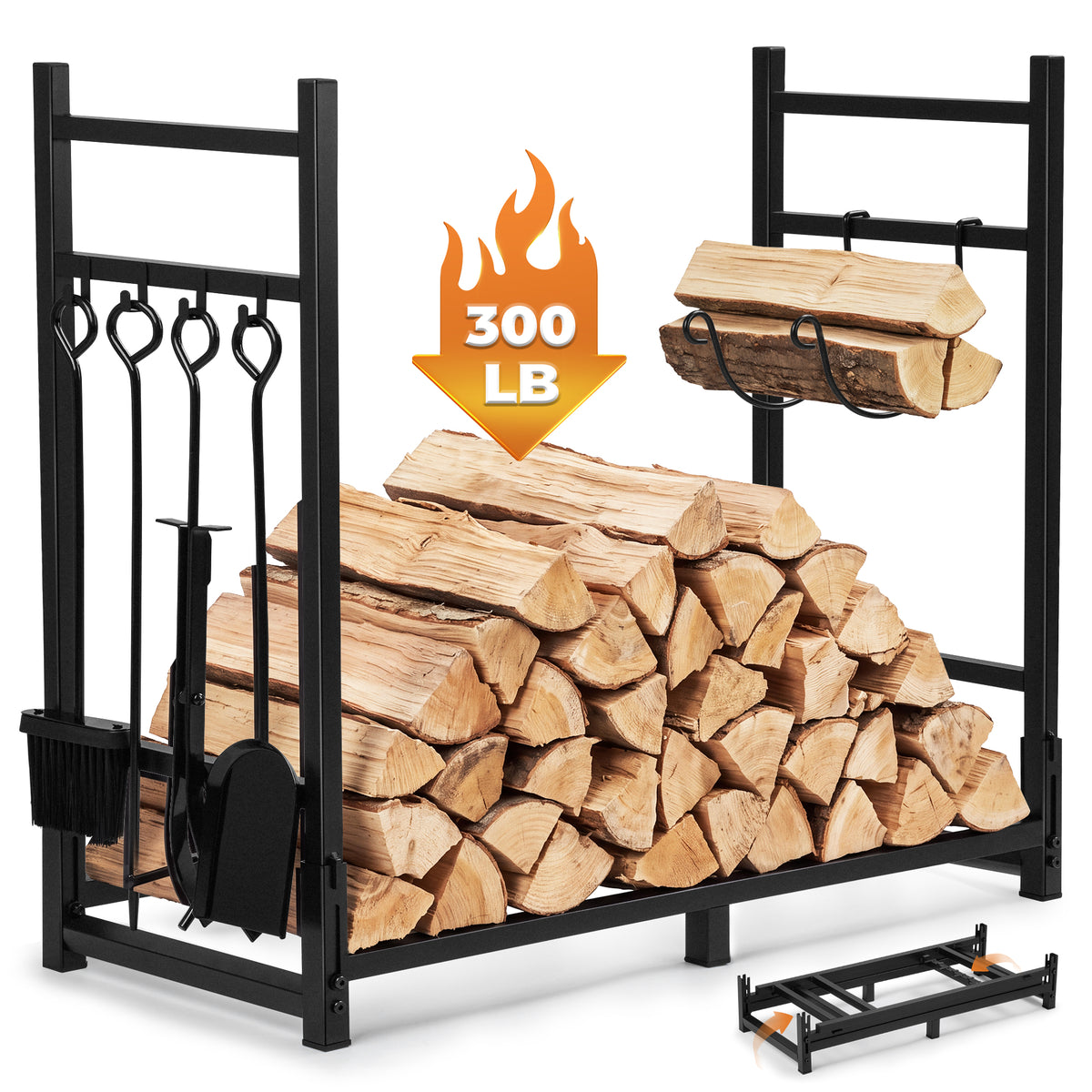 Yexmas Foldable Firewood Rack with 5-Piece Fireplace Tool Set & Kindling Holder, Indoor/Outdoor Wood Storage Organizer for Fireplace & Fire Pit