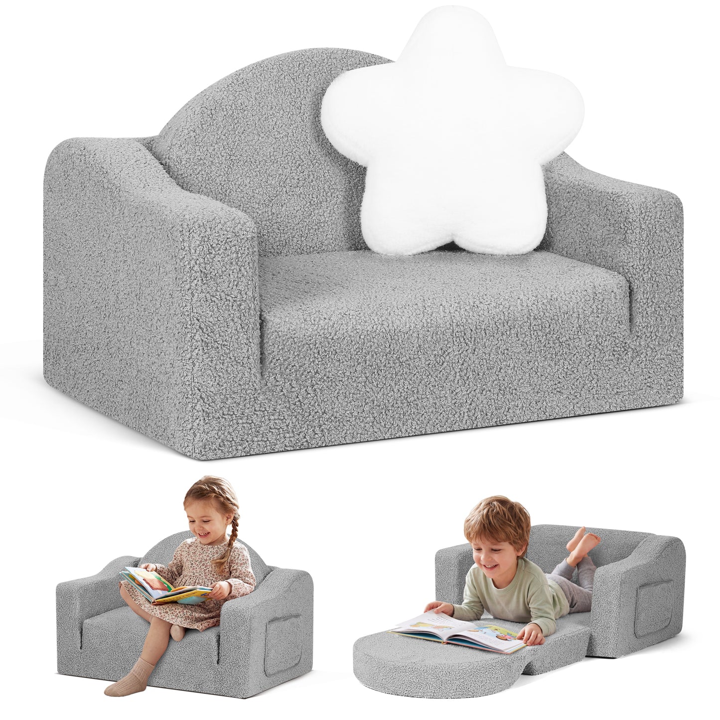 Babyeap Kids Sofa,2-in-1 Soft Toddler Couch Fold Out,Toddler Chair Baby Convertible Couch for Girls and Boys,Light Gray