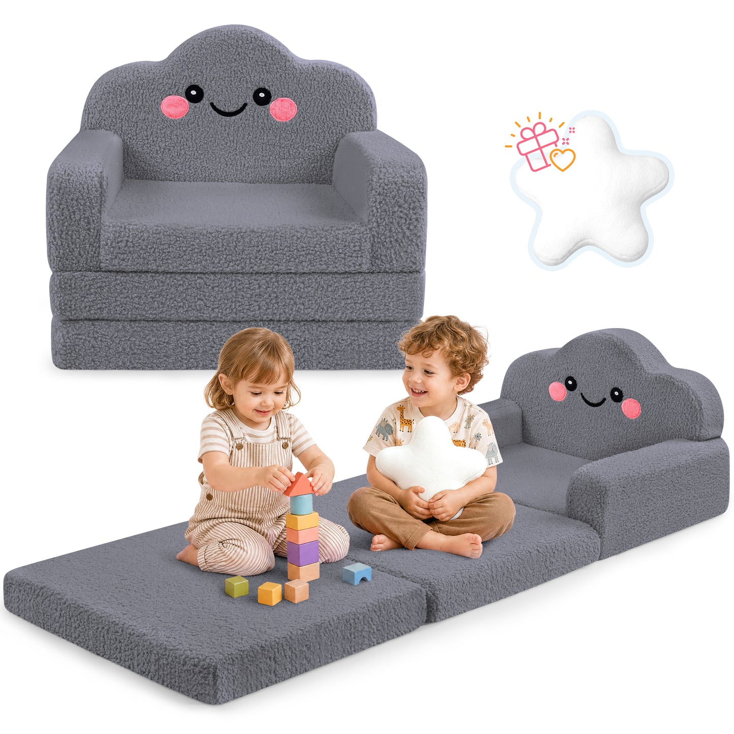 babyeap 2-in-1 Kids Sofa,Fold Out Toddler Couch with Star Pillow,Soft Convertible Kids Chair for Girls and Boys,Pink