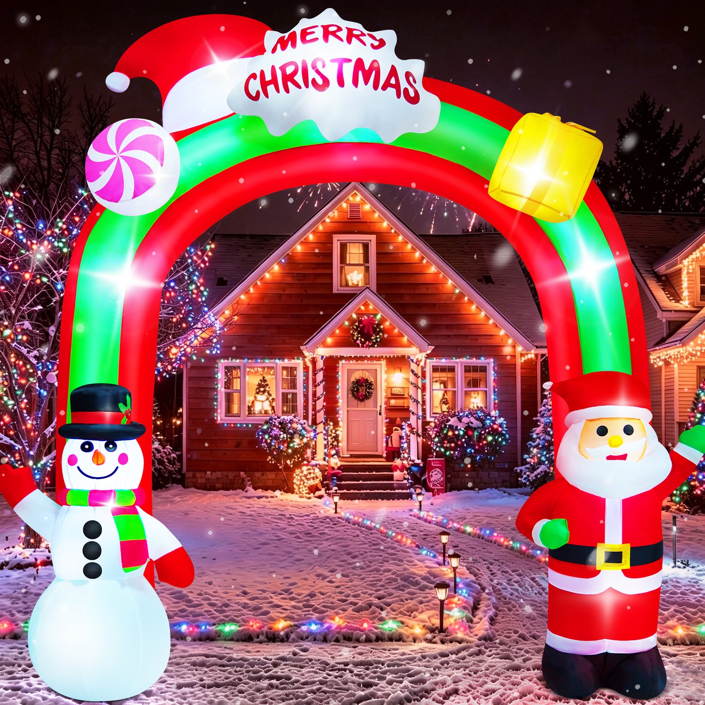 Yexmas 8.5FT Christmas Inflatable Archway,Blow Ups Xmas Inflatable with Santa, Snowman, Gifts and Candy,Built-in LED Lights for Indoor Outdoor Holiday Decoration