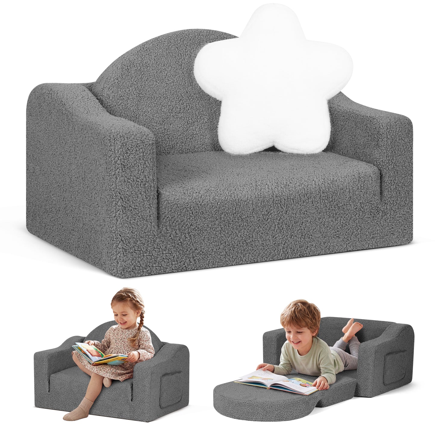 Babyeap Kids Sofa,2-in-1 Soft Toddler Couch Fold Out,Toddler Chair Baby Convertible Couch for Girls and Boys,Light Gray
