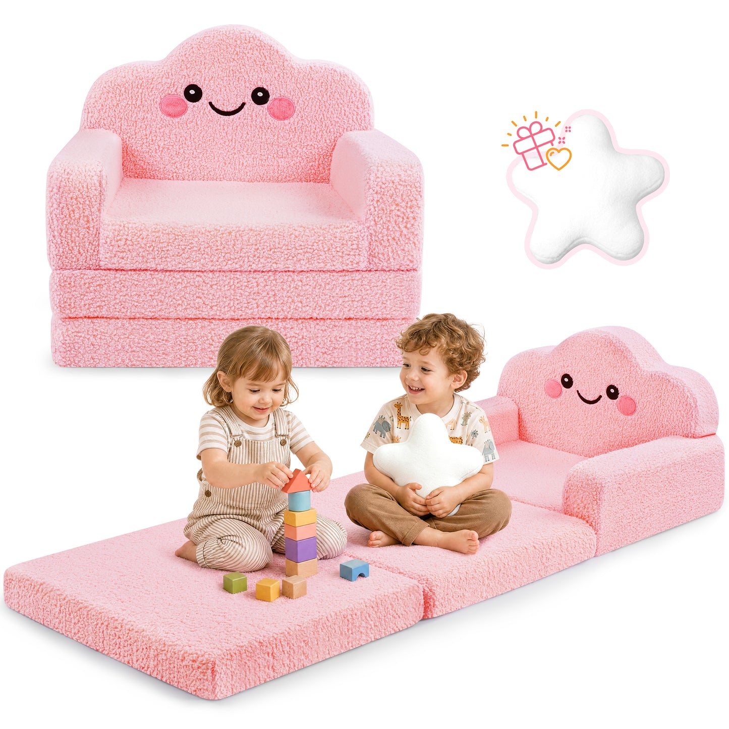 babyeap 2-in-1 Kids Sofa,Fold Out Toddler Couch with Star Pillow,Soft Convertible Kids Chair for Girls and Boys,Pink