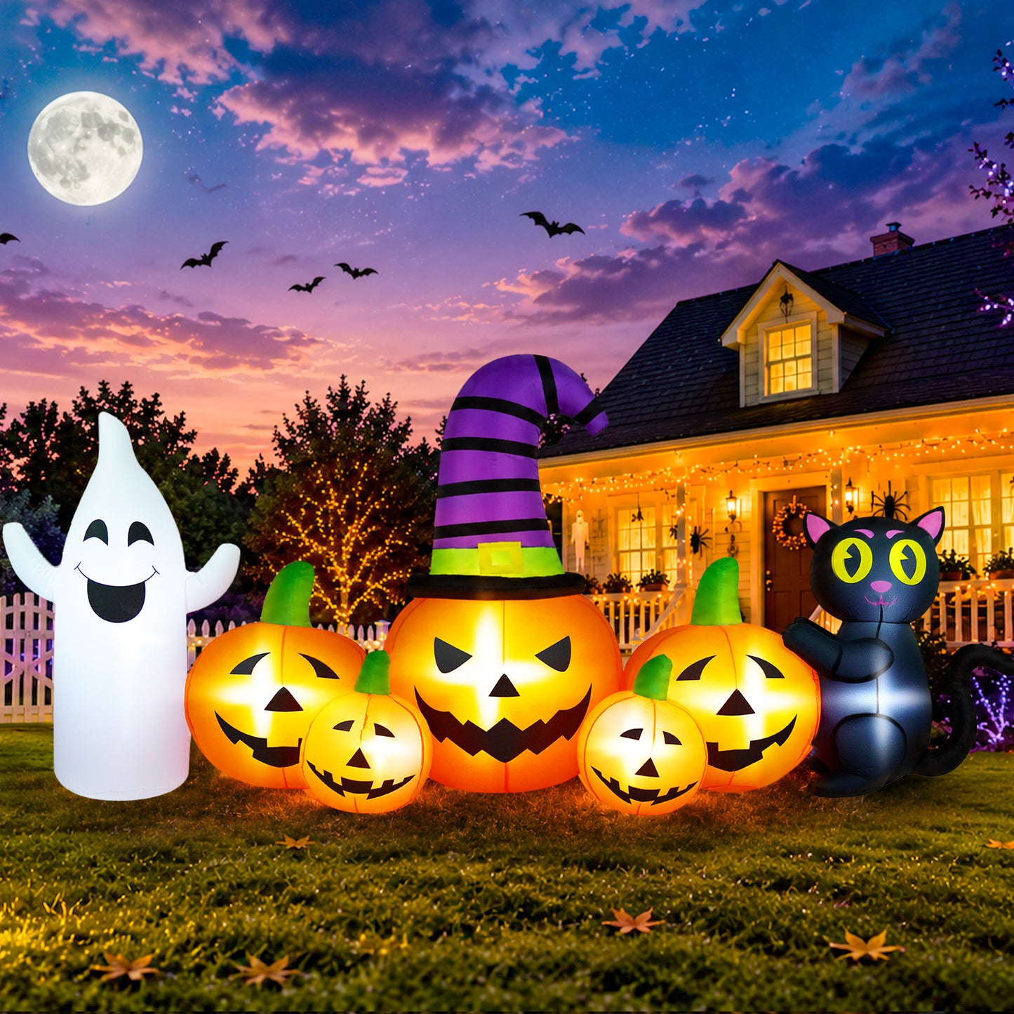 Yexmas 8FT Long Halloween Inflatable Pumpkin with Ghost and Black Cat,Outdoor Halloween Decoration with LED Lights for Yard Lawn Garden Porch Party Decor