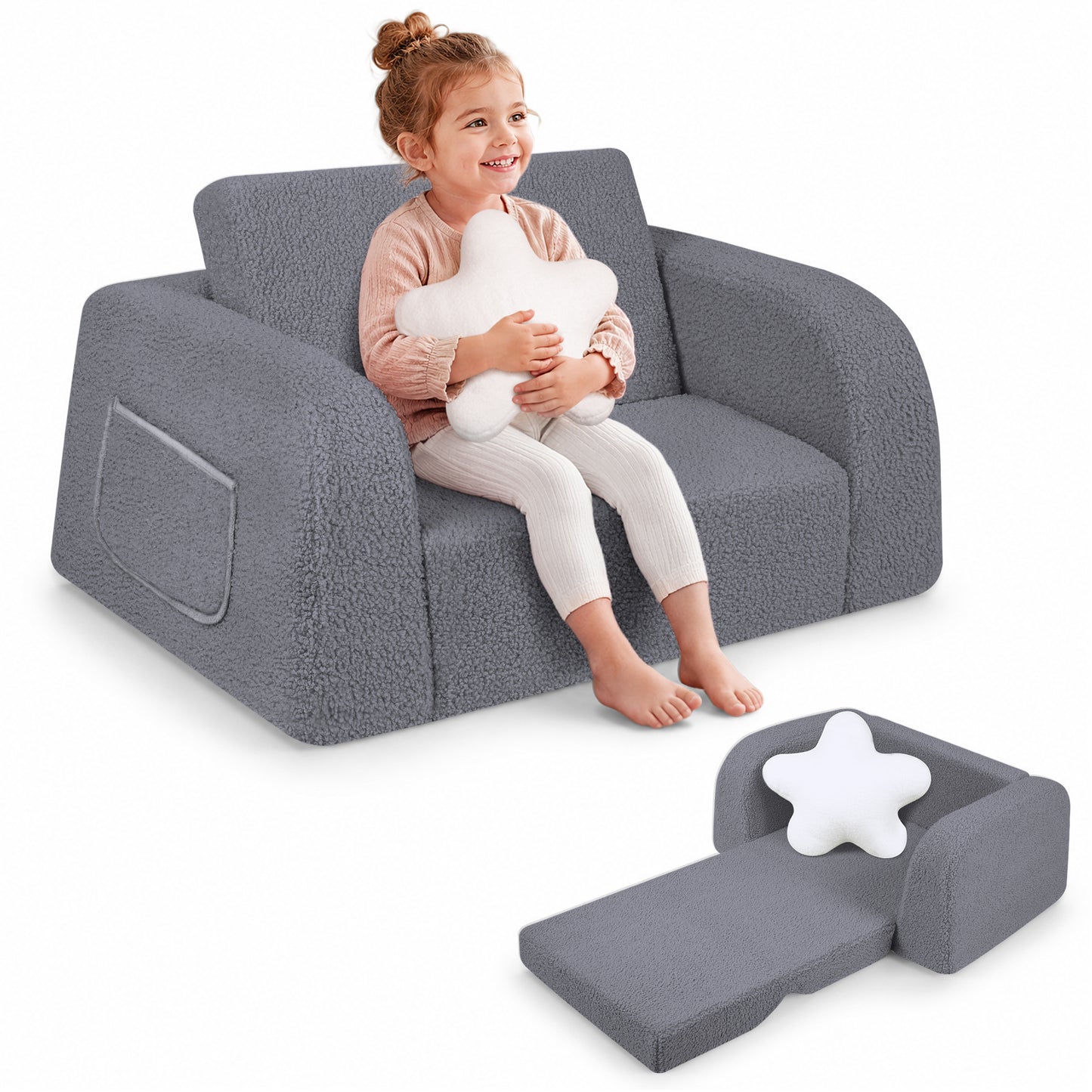 babyeap 2-in-1 Wide Base Kids Sofa,Fold Out Toddler Couch with Star Pillow,Soft Kids Chair for Reading, Playroom, Bedroom & Nursery,Deep Gray