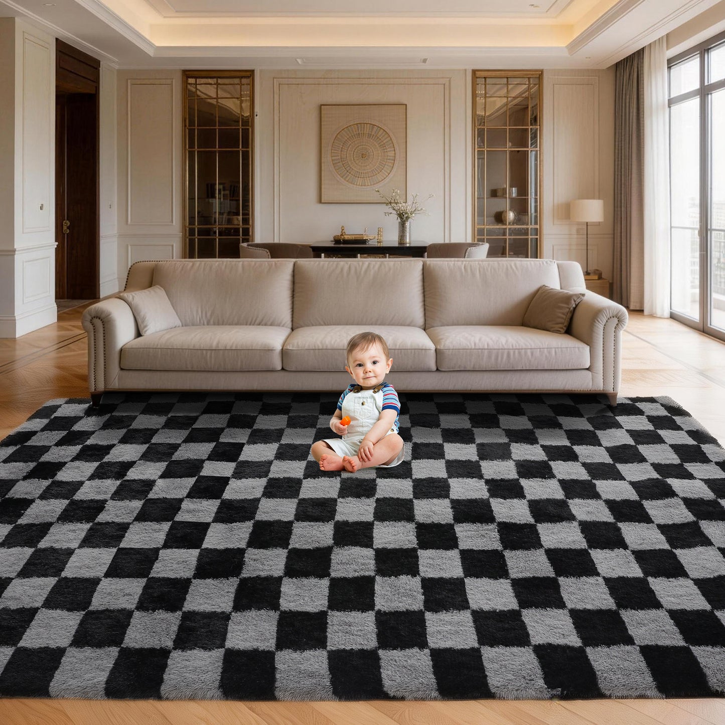 CozyDesg Shag Area Rugs,5'x8'/8' x 10' Soft Fluffy Floor Rugs Checkered Carpet，Washable Area Rugs for Living Room Bedroom Decor,Beige & White