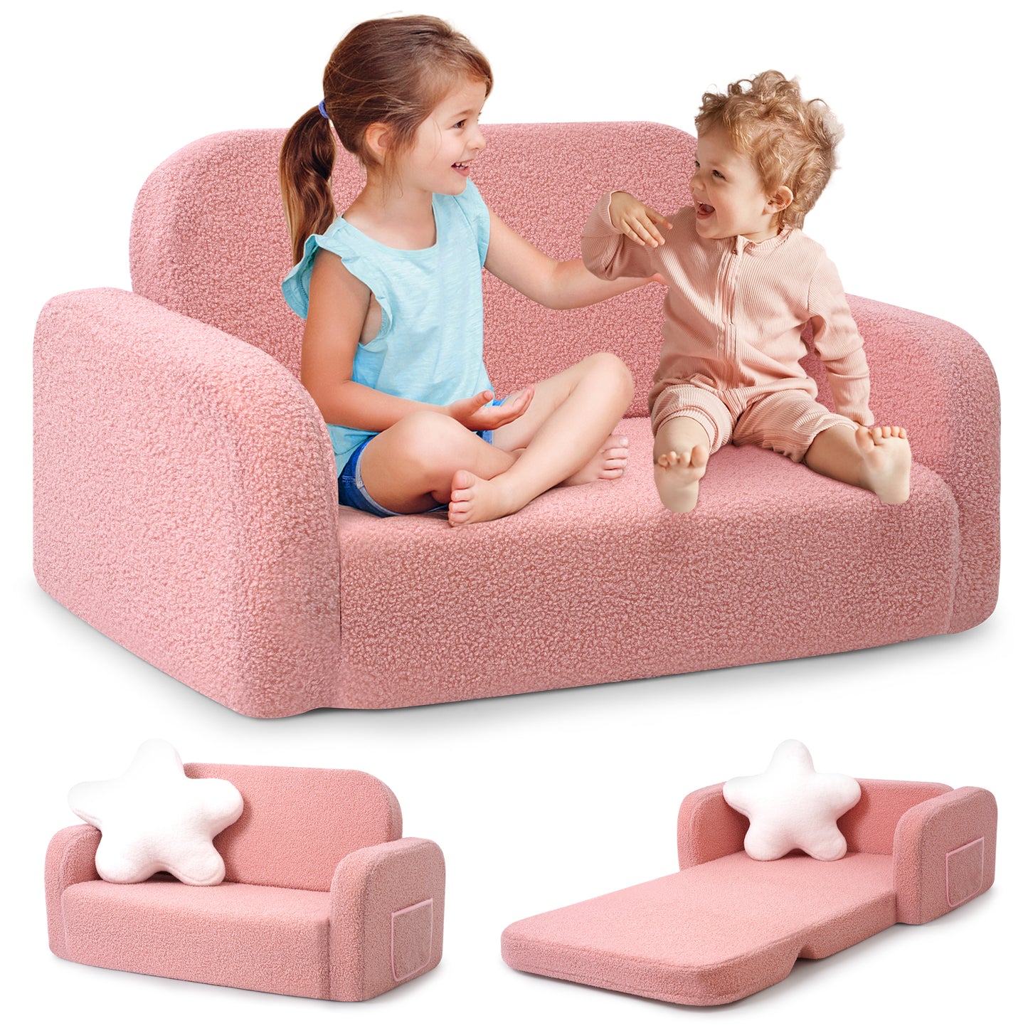 Babyeap Extra Wide Kids Chair,2-in-1 Convertible Toddler Chairs,Soft Comfy Kids Couch, Kids Sofa for Boys & Girls 3+,Pink
