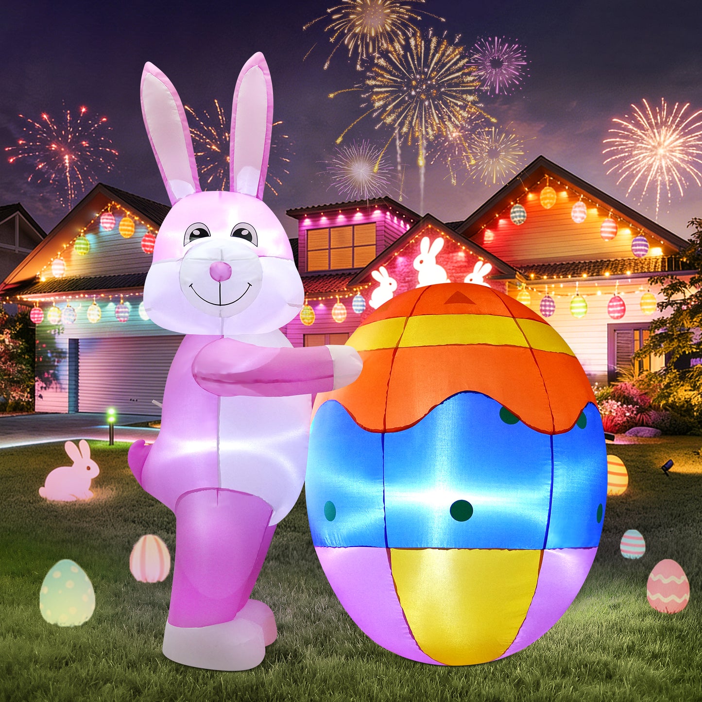 Yexmas 6ft Easter Inflatables,Blow Up Yard Outdoor Decoration with LED Lights Bunny Decorations with Egg for Lawn Garden Holiday Party
