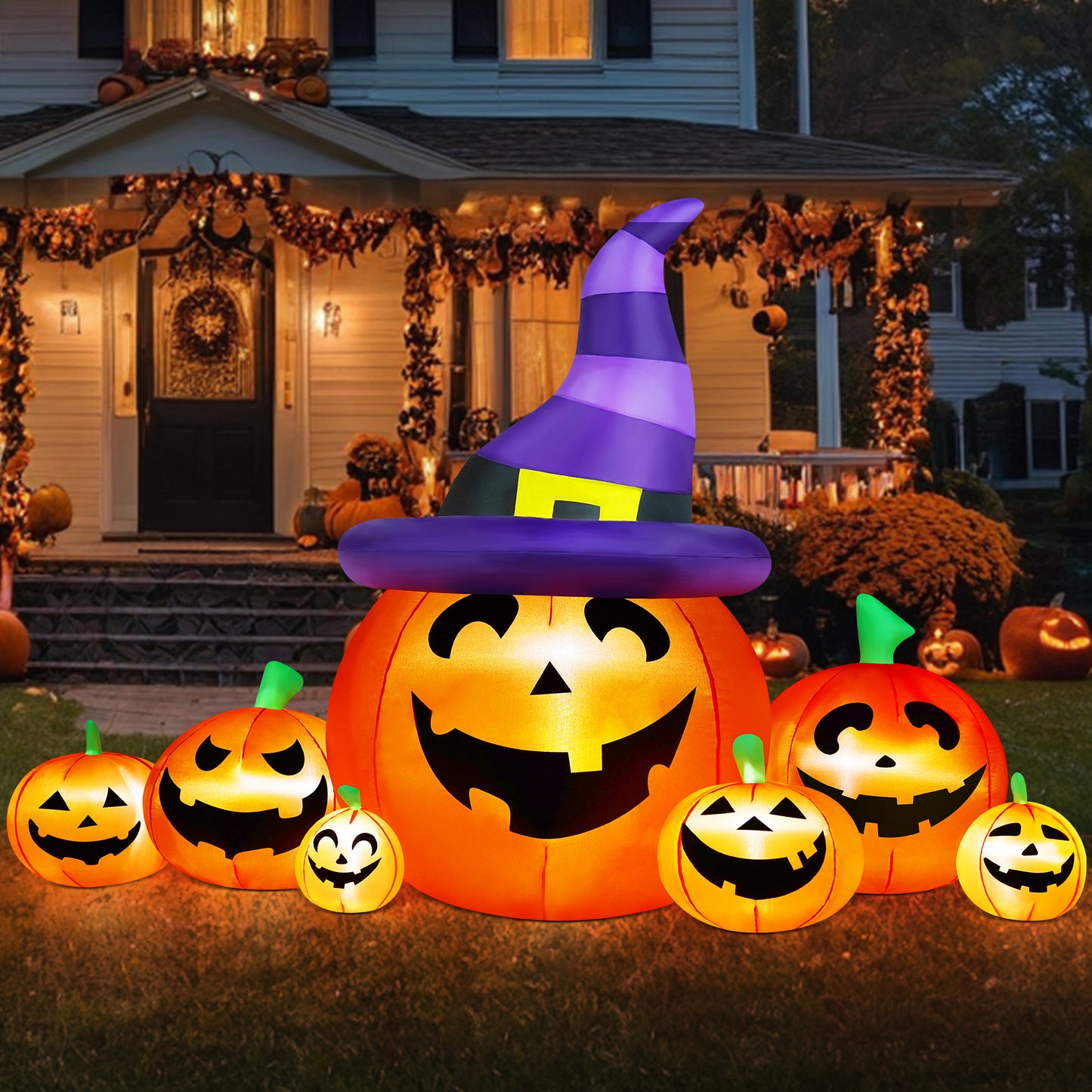 Yexmas 7.5FT Halloween Inflatable Pumpkin,Halloween Blow Ups with Witch Hat for Party Yard, Garden, Lawn, Indoor Outdoor Halloween Decor