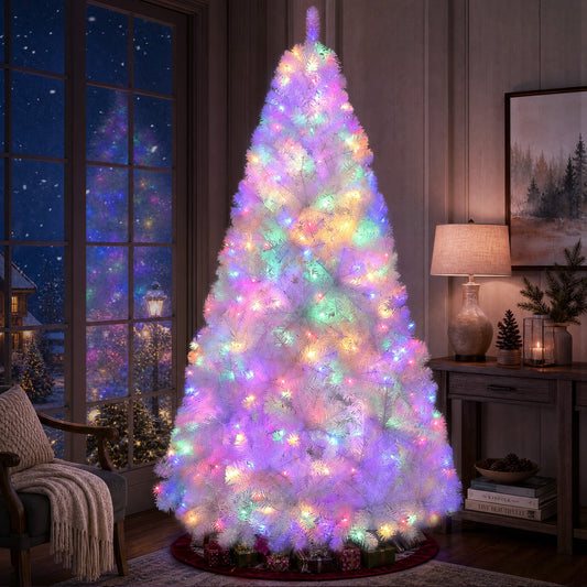 Yexmas Pre-Lit Artificial Christmas Tree,9ft White Christmas Tree with 550 Warm White & Multicolor Lights,Xmas Tree for Home, Holiday Party Decorations