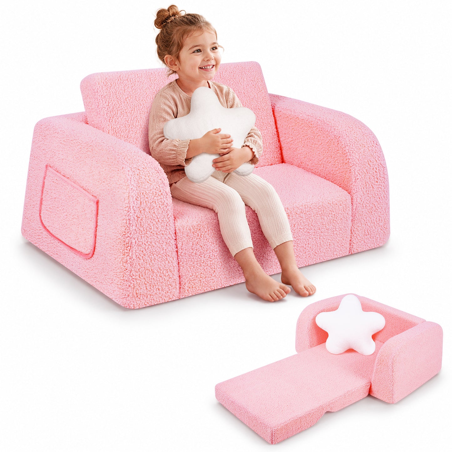babyeap 2-in-1 Wide Base Kids Sofa,Fold Out Toddler Couch with Star Pillow,Soft Kids Chair for Reading, Playroom, Bedroom & Nursery,Deep Gray