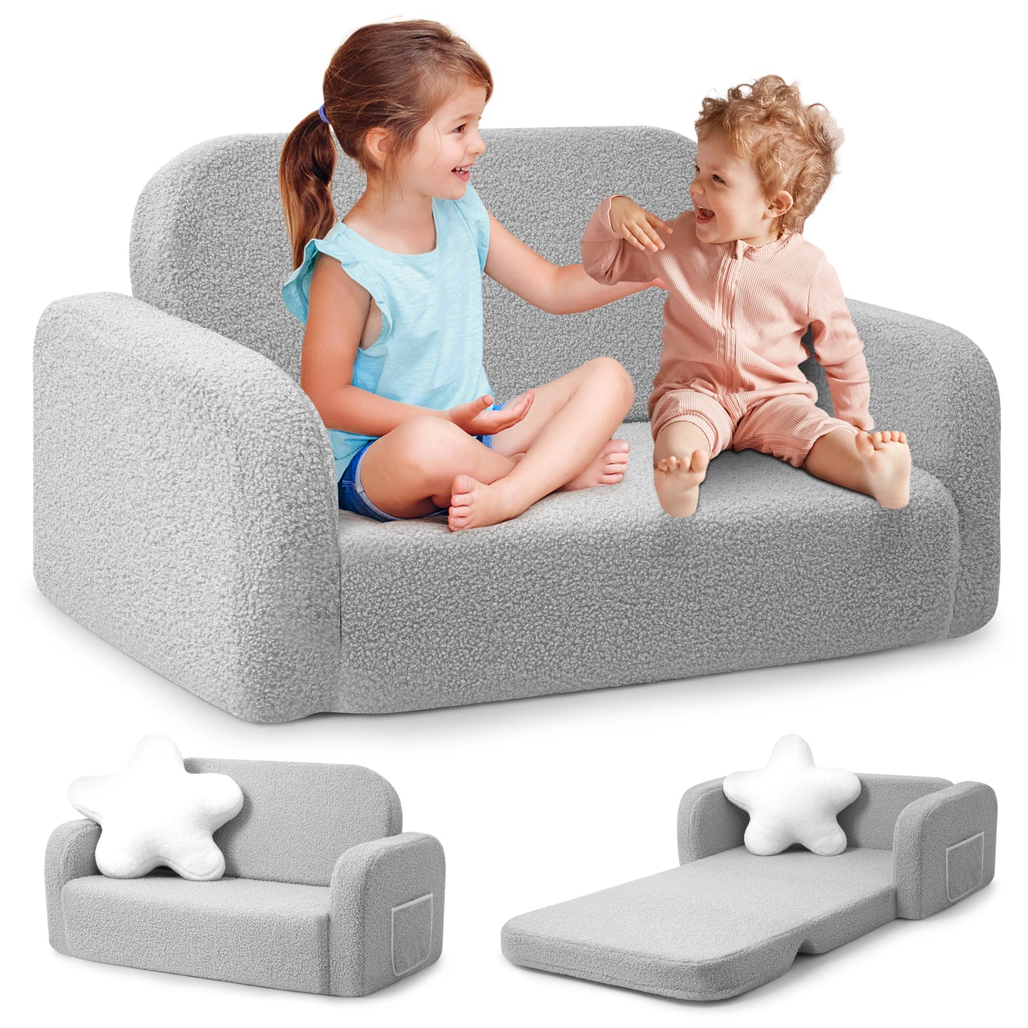 Babyeap Extra Wide Kids Chair,2-in-1 Convertible Toddler Chairs,Soft Comfy Kids Couch, Kids Sofa for Boys & Girls 3+,Light Gray