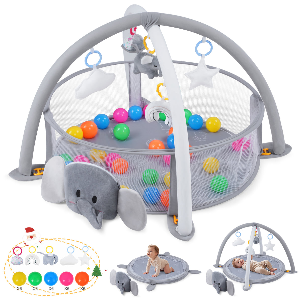 Babyeap Baby Play Gym Mat,Baby Play Activity Mat with 5 Detachable Toys and 30Ocean Ball,Newborn Infant Baby Essentials Gift,Pink