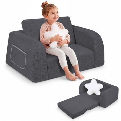 babyeap 2-in-1 Wide Base Kids Sofa,Fold Out Toddler Couch with Star Pillow,Soft Kids Chair for Reading, Playroom, Bedroom & Nursery,Deep Gray