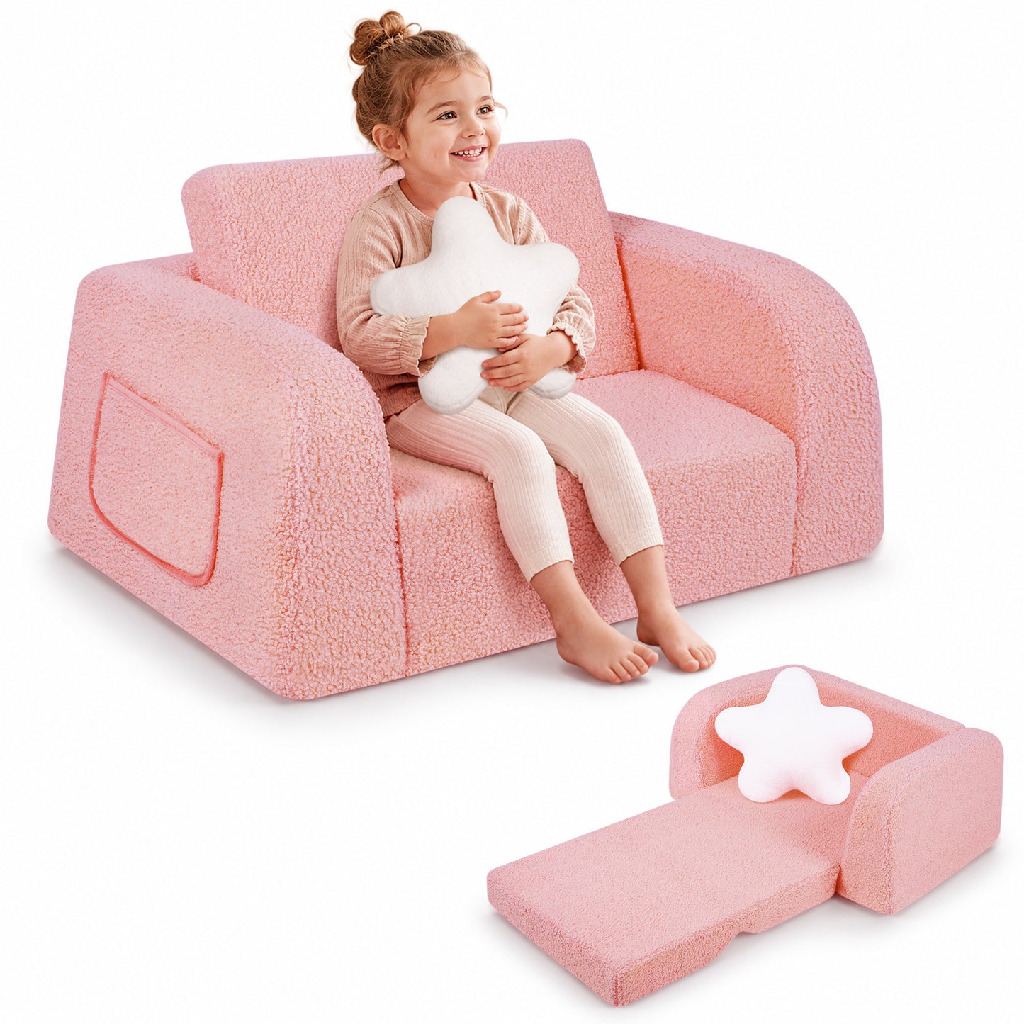 babyeap 2-in-1 Wide Base Kids Sofa,Fold Out Toddler Couch with Star Pillow,Soft Kids Chair for Reading, Playroom, Bedroom & Nursery,Deep Gray