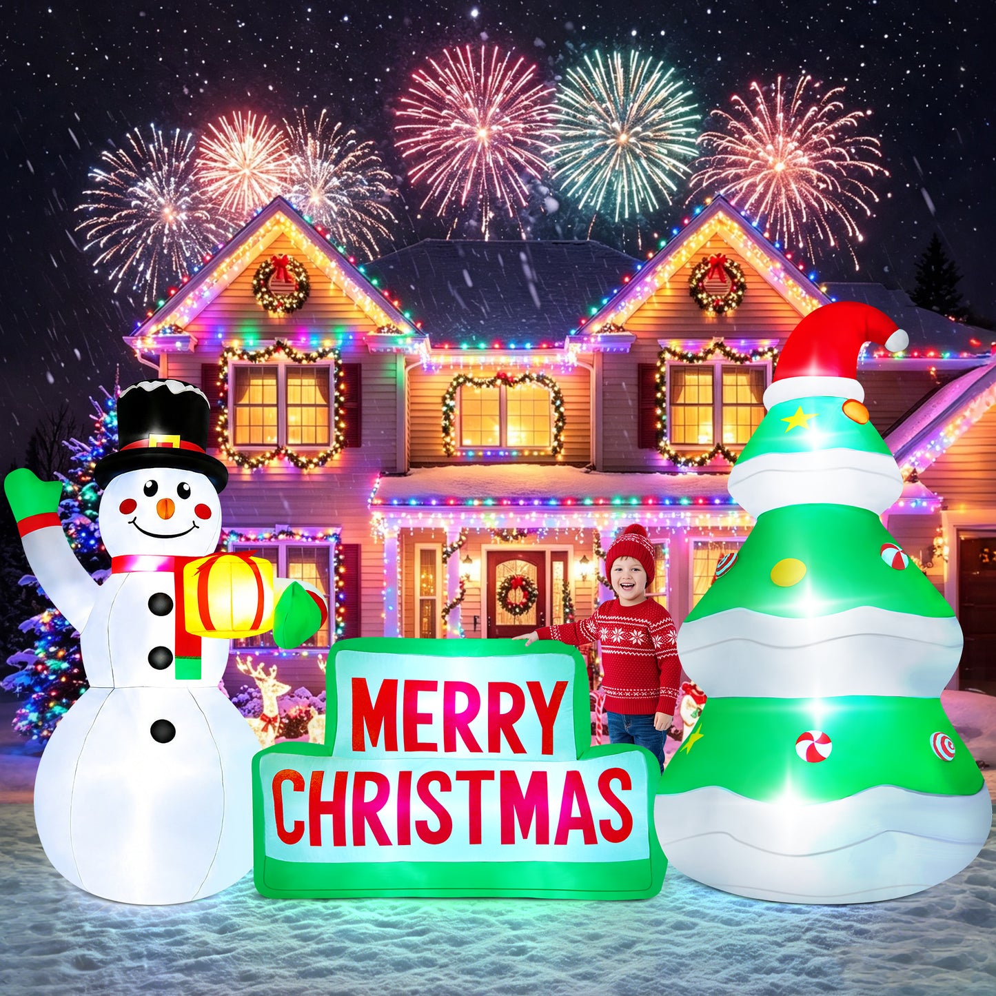 Yexmas 9FT Christmas Inflatable Snowman with Tree, Blow Up Outdoor Yard Decoration with Built-in LED Light for Yard Gardern Lawn
