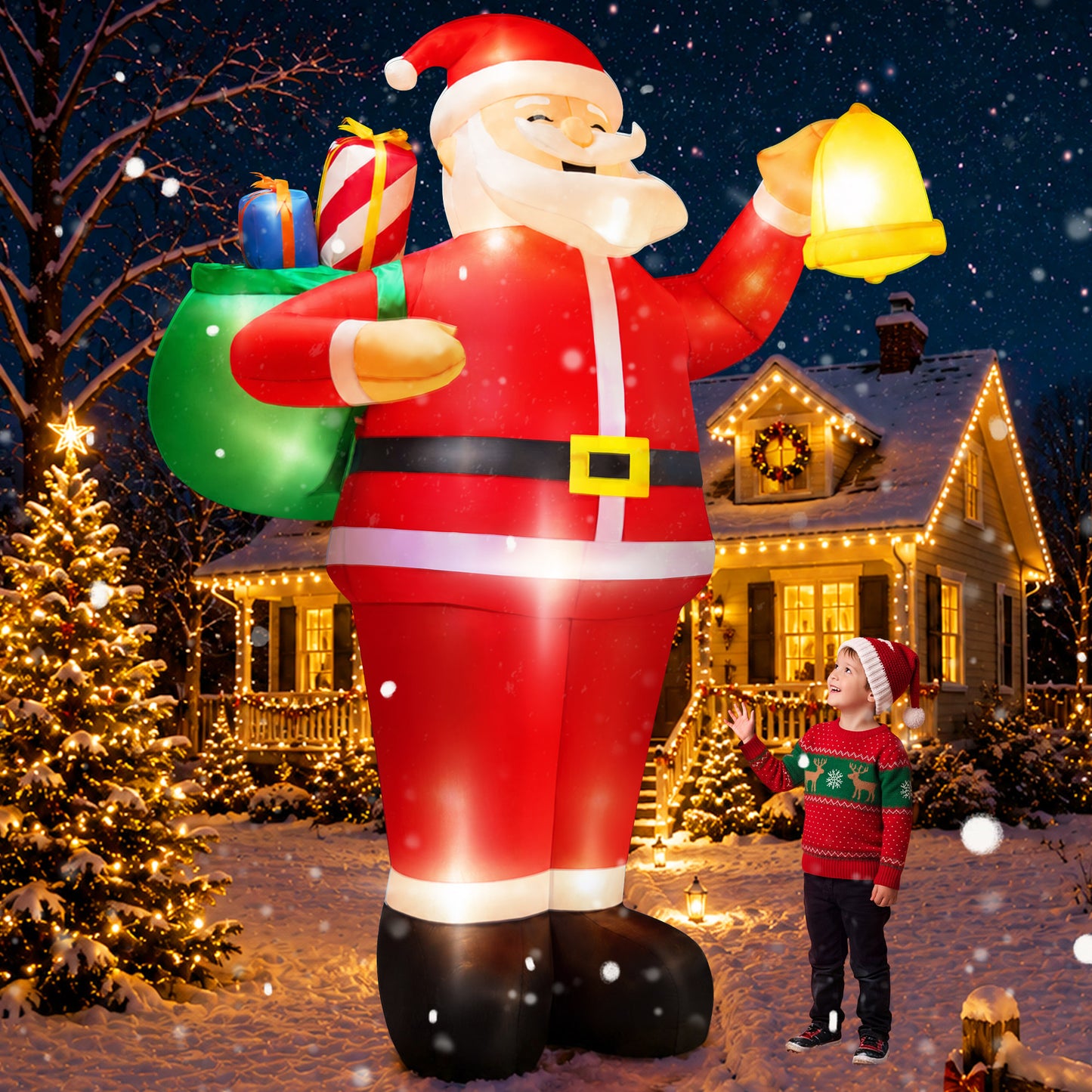 Yexmas 8ft Christmas Inflatable Santa Claus Outdoor Decor with Gift Bag and Bell,Large Blow Up Santa with LED Lights for Yard Lawn Garden