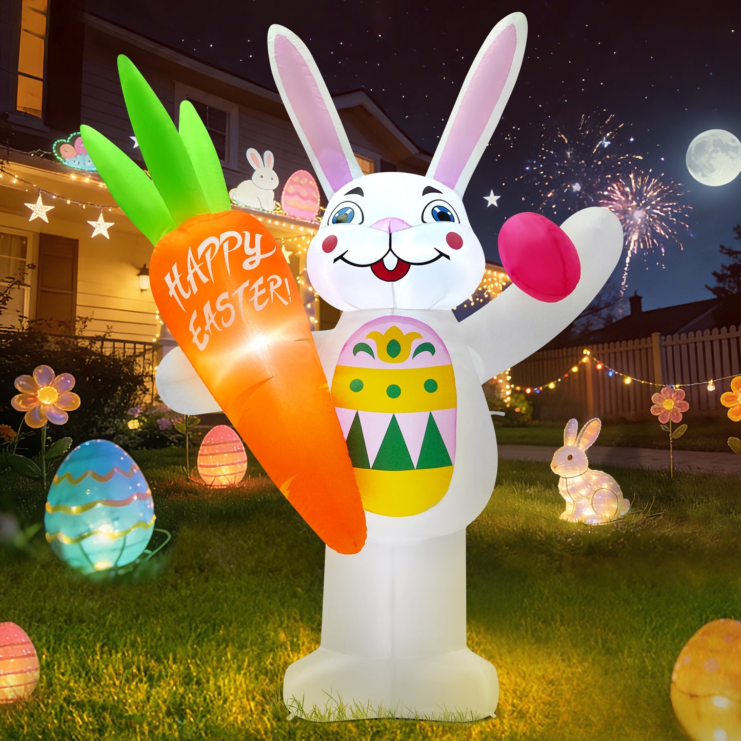 Yexmas 6FT Easter Inflatables Outdoor Decoration,Blow-Up Bunny Holding a Carrot and an Easter Egg with Built-in LED Lights for Yard Lawn Garden Decor