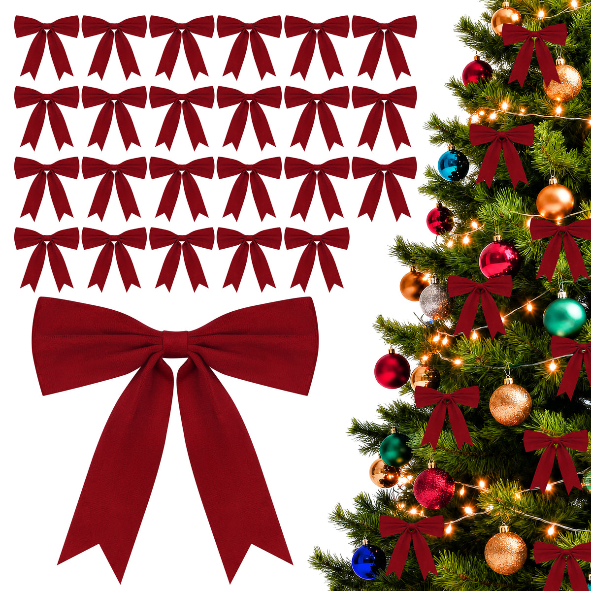 Yexmas 24pcs Burgundy Velvet Christmas Bows, Xmas Ribbon Bows Ornaments for Christmas Tree, Gift Wrapping,Crafts,Party, Wreath Garland Holiday Decor
