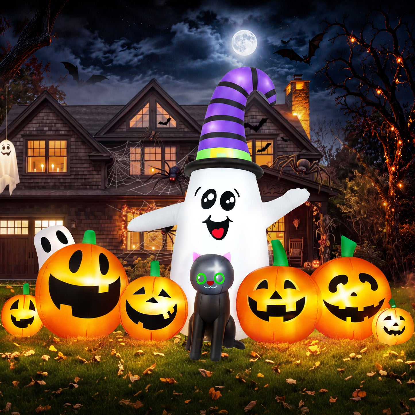Yexmas 8 FT Long Halloween Inflatable Ghost with Witch Hat, 6 Pumpkins Halloween Blow Ups with Black Cat for Halloween Party Outdoor Yard Garden Lawn Decor