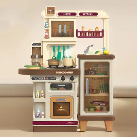 Lookfly 40.6 Inch Play Kitchen Set for Kids, Large Pretend Play Kitchen with Realistic Lights and Sounds, Simulation of Spray for Toddlers Girls Boys Gift, Brown