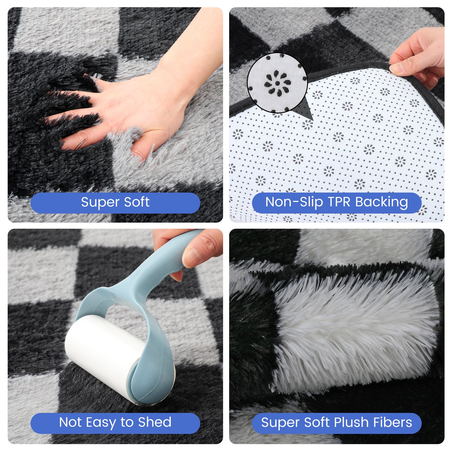 CozyDesg Shag Area Rugs,5'x8'/8' x 10' Soft Fluffy Floor Rugs Checkered Carpet，Washable Area Rugs for Living Room Bedroom Decor,Beige & White