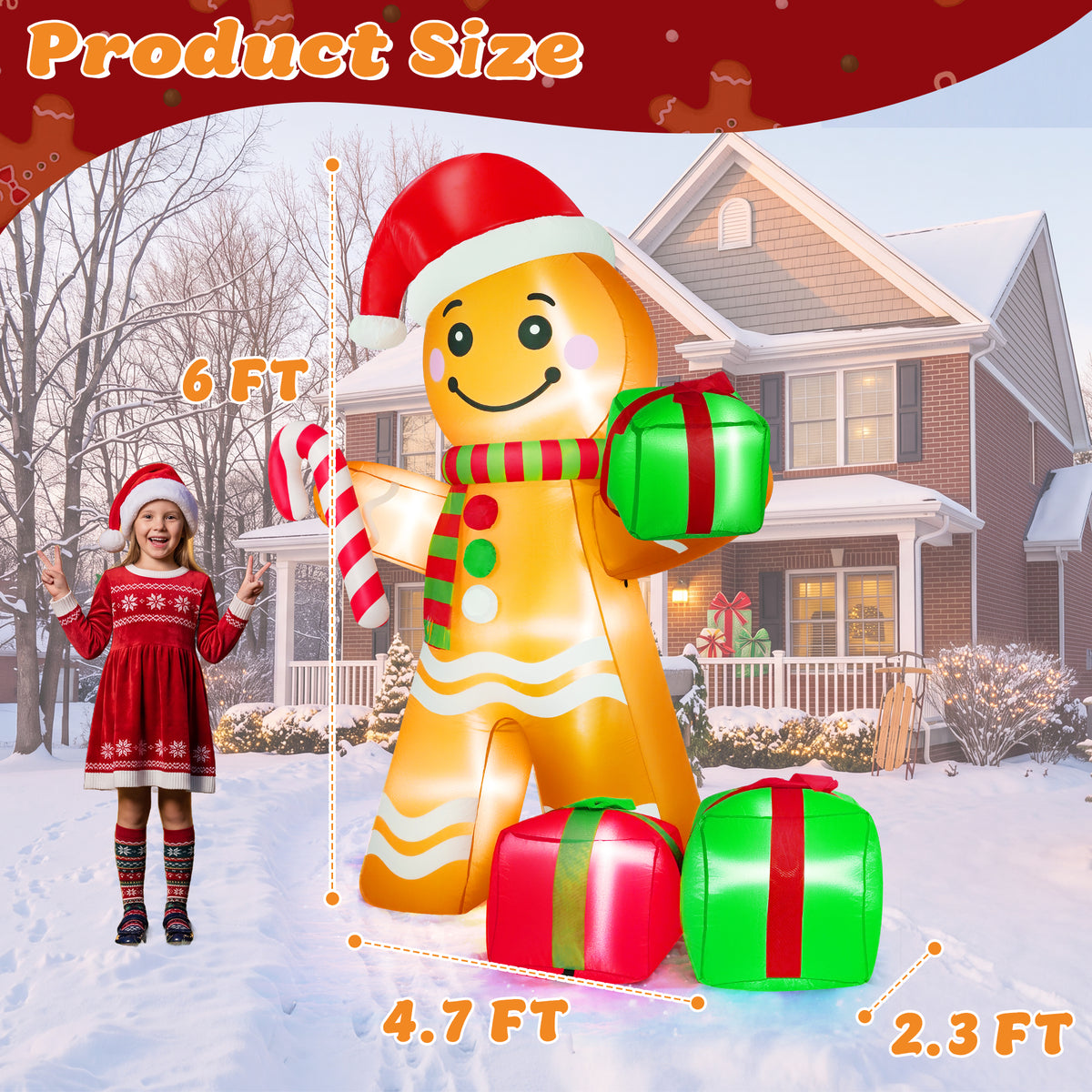 Yexmas 6FT Christmas Inflatable Gingerbread Man with Candy Cane and Gift Boxes, Blow Up Outdoor Yard Decor with Built-In LED Lights for Lawn Garden