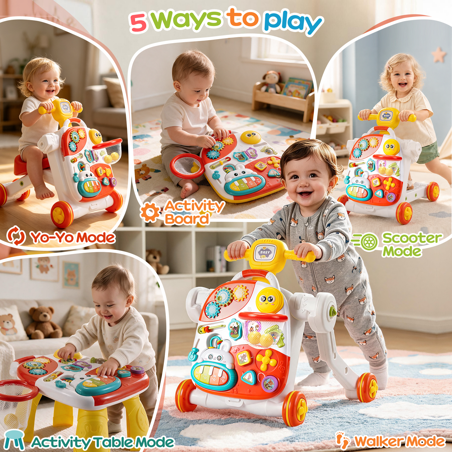 Yexmas 4-in-1 Baby Walker, Baby Push Walker with Wheels, Sit-to-Stand Baby Activity Center, Early Learning Walking Toys, Birthday&Christmas Gift for Toddlers