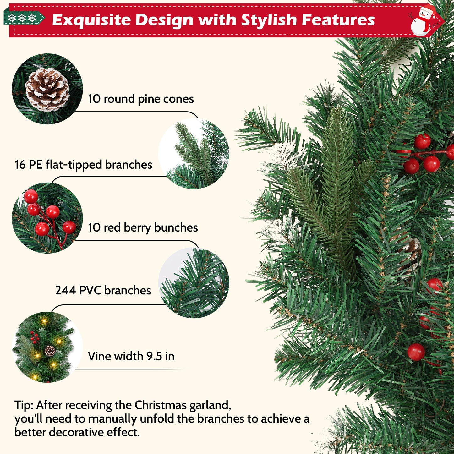 Yexmas 9ft Large Christmas Garland, Multi-Purpose Xmas Wreath with 90 LED Lights, Battery Operated