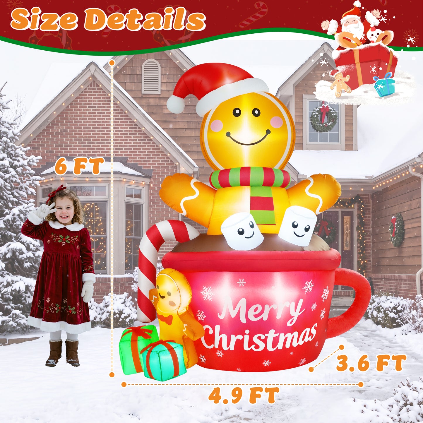 Yexmas 6FT Christmas Inflatable Gingerbread Man in Hot Cocoa Mug Blow Up Decor with LED Lights, Candy Cane, Marshmallows and Gift Box,  for Yard, Lawn,Garden