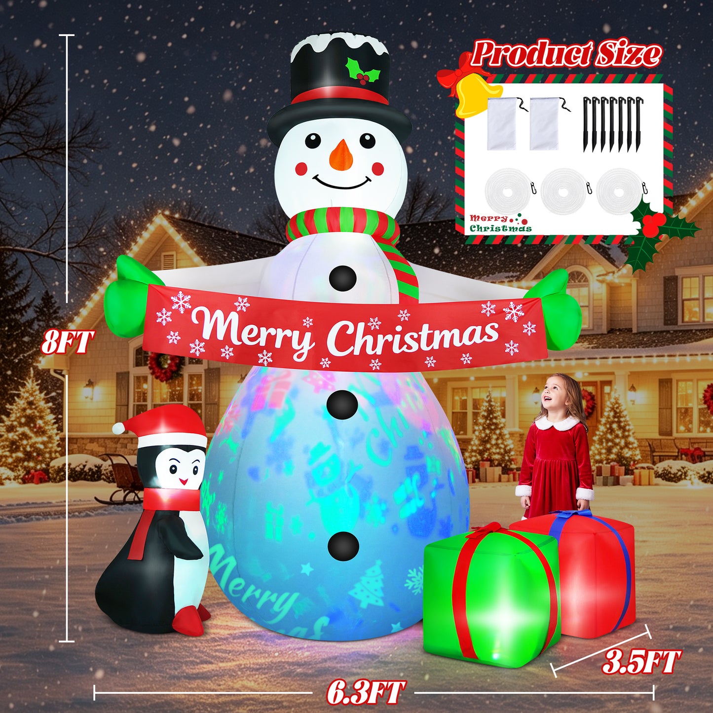 Yexmas 8FT Christmas Inflatable Snowman Blow Up Yard Decor with 360° Colorful Projection, Music On/Off, Penguin, Gift Boxes, Merry Christmas Banner for Outdoor Yard Decor