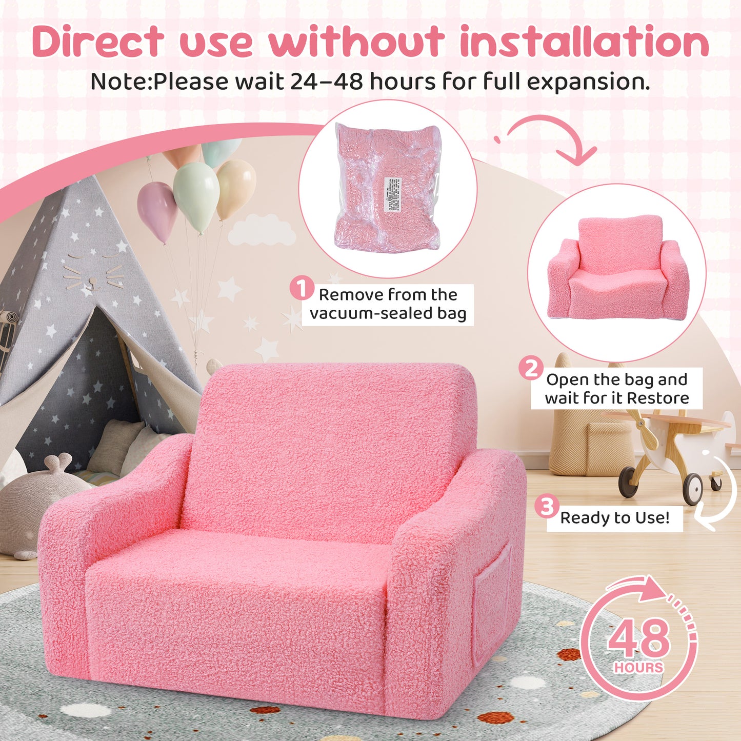 Babyeap 3-in-1 Kids Sofa,Toddler Sofa Bed Fold Out,Comfy Kids Couch,Convertible Baby Chair for Girls and Boys,Pink