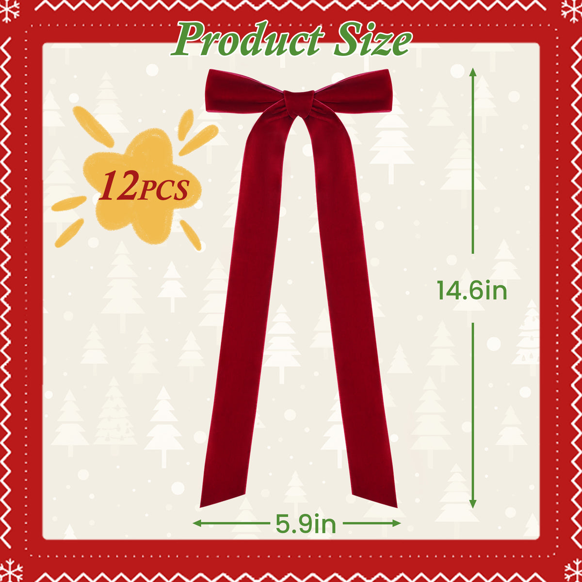 Yexmas 12pcs Burgundy Velvet Christmas Bows, Ribbon Bows Xmas Ornaments for Christmas Tree Home Party Staircase Door Wreath Garland Holiday Decor