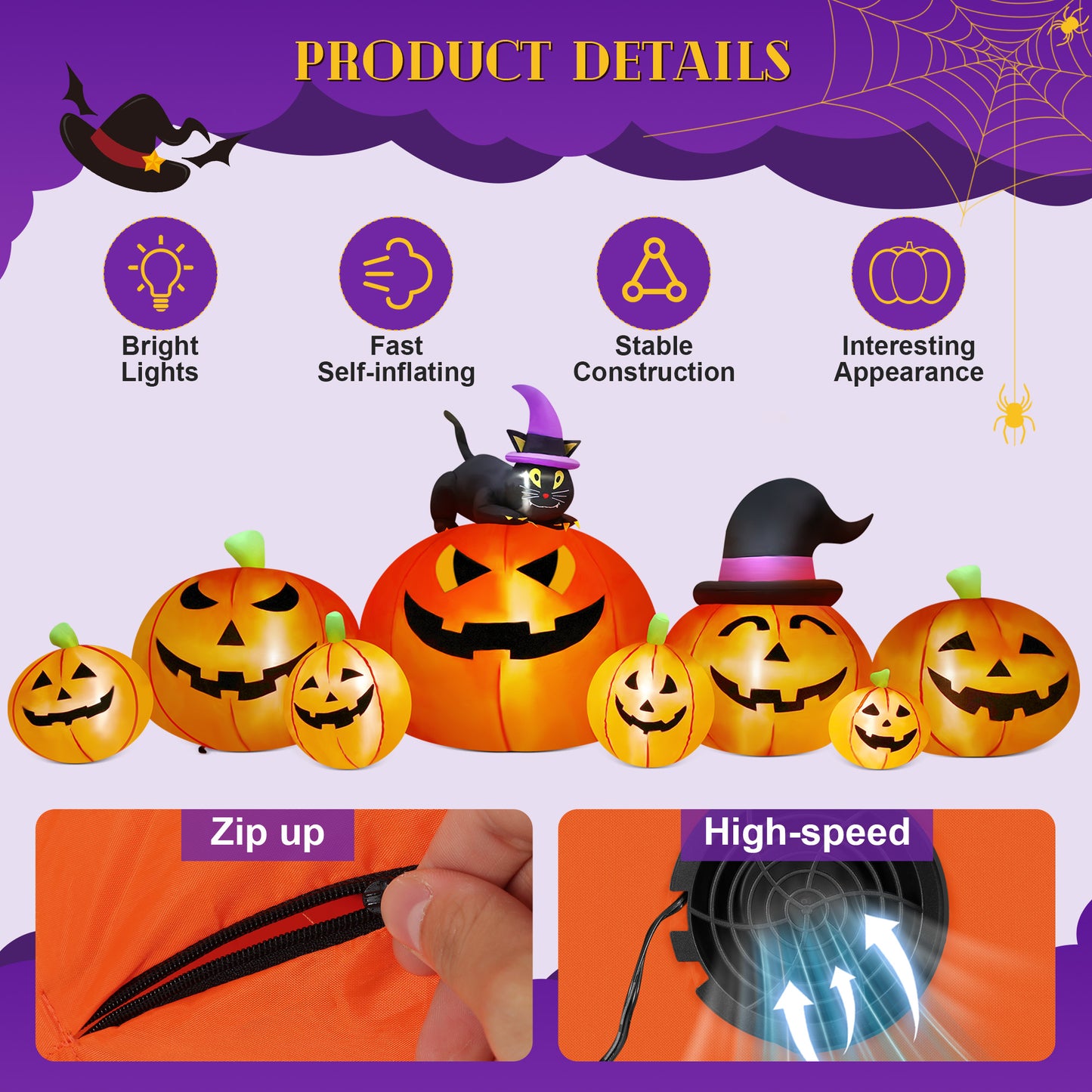 Yexmas 8.5FT Long Halloween Inflatables Pumpkin,8 Pumpkins Halloween Blow Ups with Black Cat & Witches Hat for Halloween Party Outdoor Yard Garden Lawn Decor