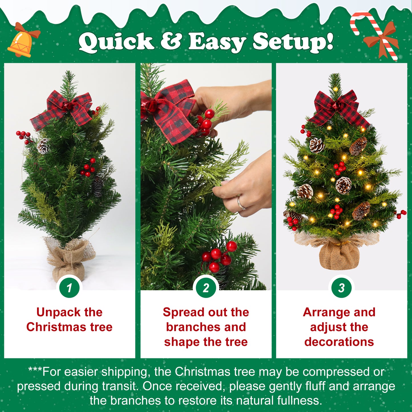 Yexmas 2PCS Pre-lit Artificial Mini Christmas Tree,24 Inch Small Tabletop Xmas Tree for Indoor Outdoor Christmas Decor