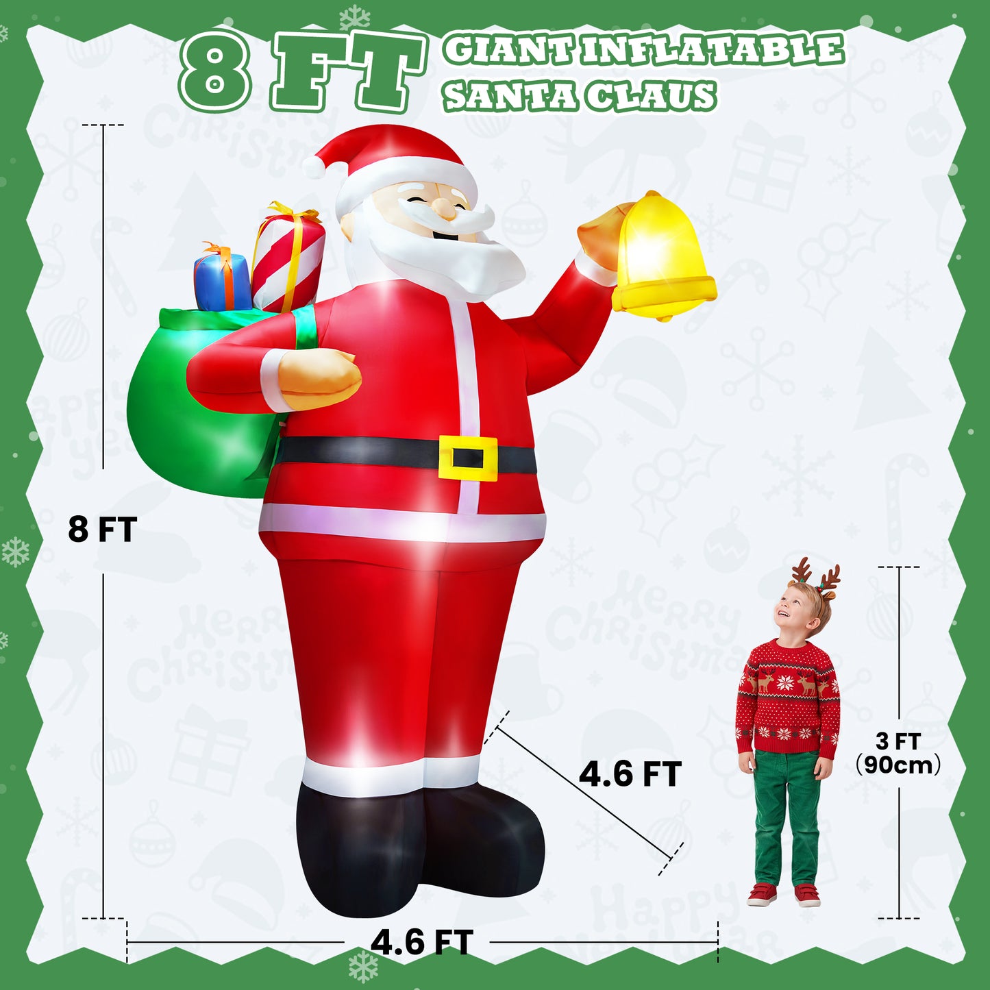 Yexmas 8ft Christmas Inflatable Santa Claus Outdoor Decor with Gift Bag and Bell,Large Blow Up Santa with LED Lights for Yard Lawn Garden