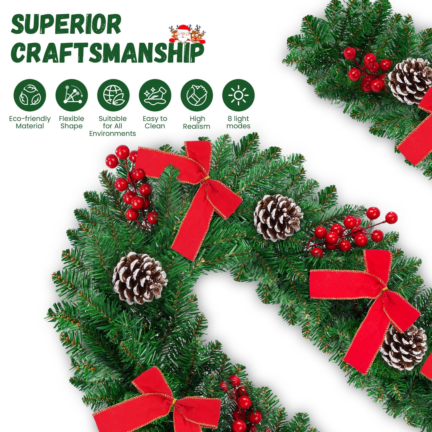 Yexmas 9FT Pre-Lit Christmas Garland with LED Lights, Decorated with Bows, Pinecones and Berry Clusters, Battery Operated Xmas Garland for Mantel, Stair, Door
