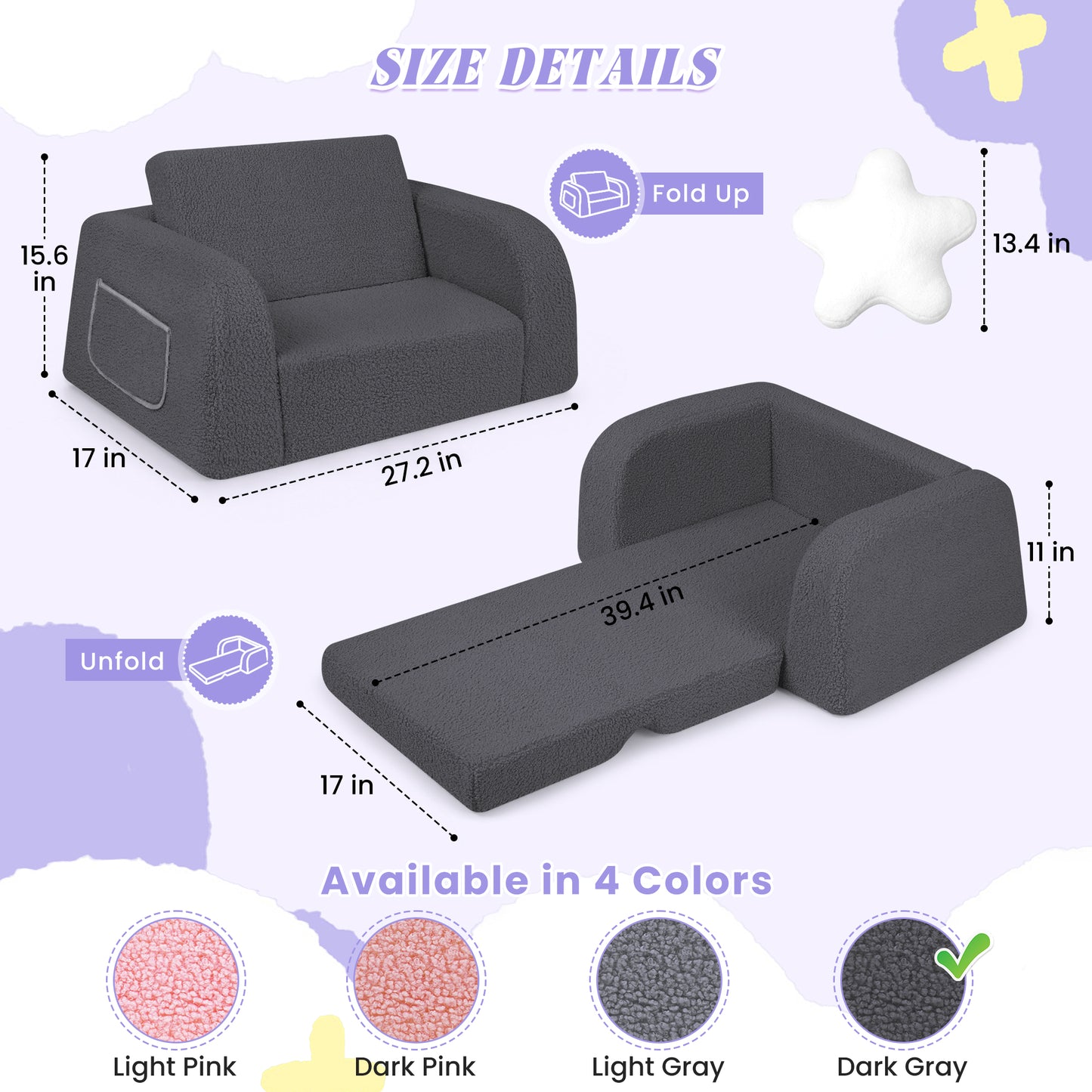 babyeap 2-in-1 Wide Base Kids Sofa,Fold Out Toddler Couch with Star Pillow,Soft Kids Chair for Reading, Playroom, Bedroom & Nursery,Deep Gray