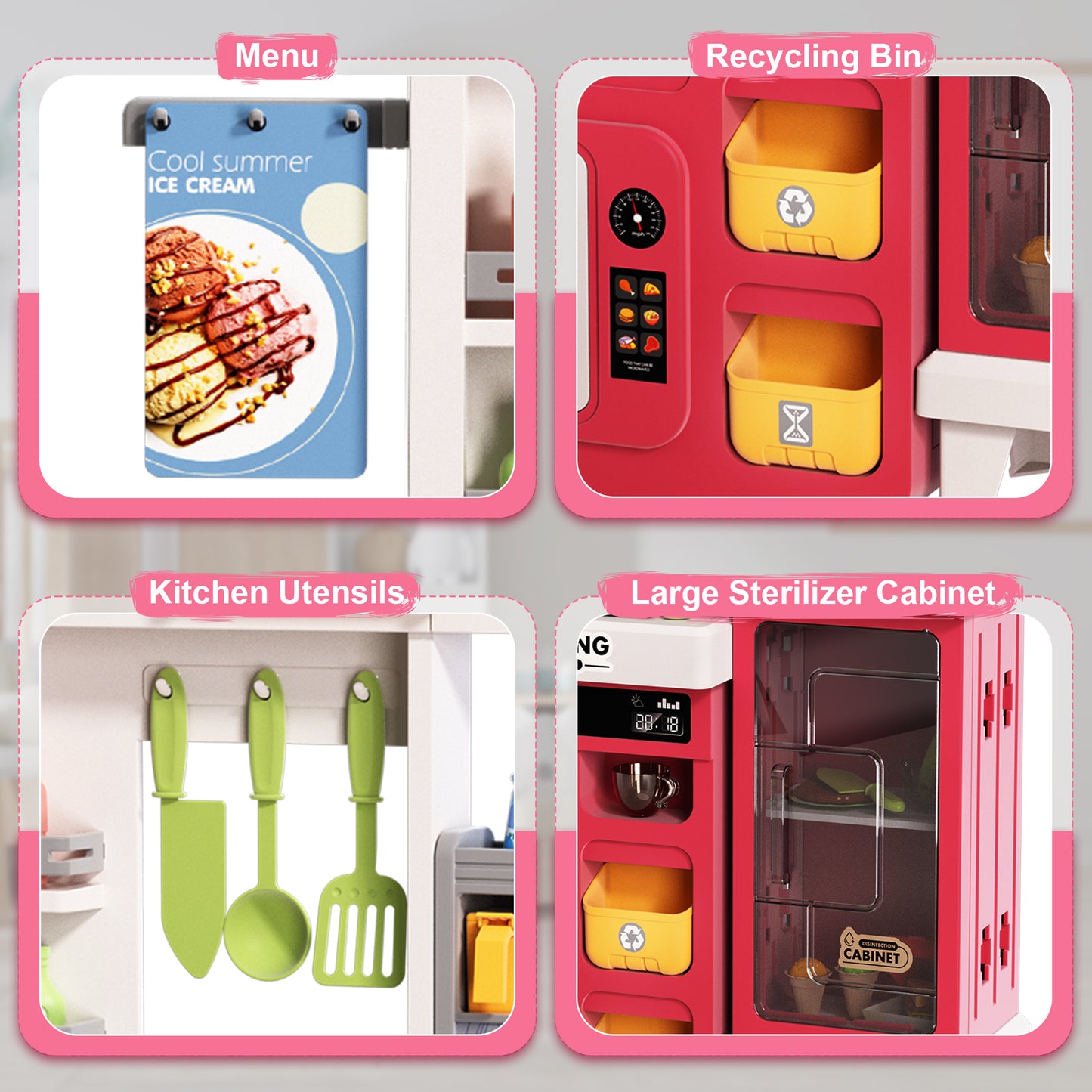 Lookfly Play Kitchens,68PCS Kids Kitchen Playset with Realistic Lights&Sounds,Toddler Kitchen Toy Gift for Boys and Grlis,Pink 32.3"H