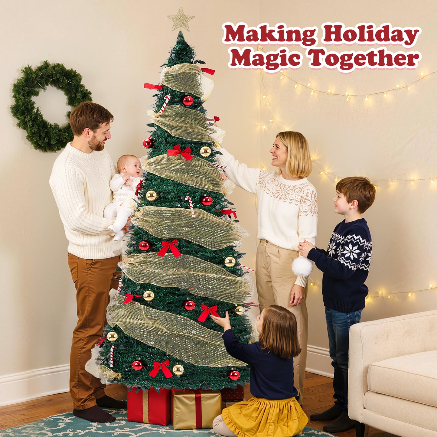 Yexmas 6FT Pop-Up Artificial Christmas Tree with 300LED Lights,Green Prelit Christmas Tree with Foldable Base