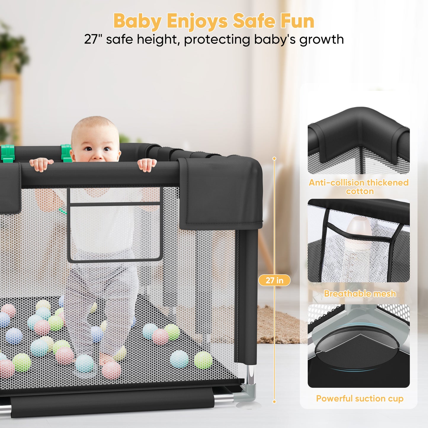 babyeap Baby Playpen,73 Inch Extra Large Baby Playard,Playpen for Babies and Toddlers With Basketball Hoop,Children Kids Play Fence for Indoors Outdoors,Black 2
