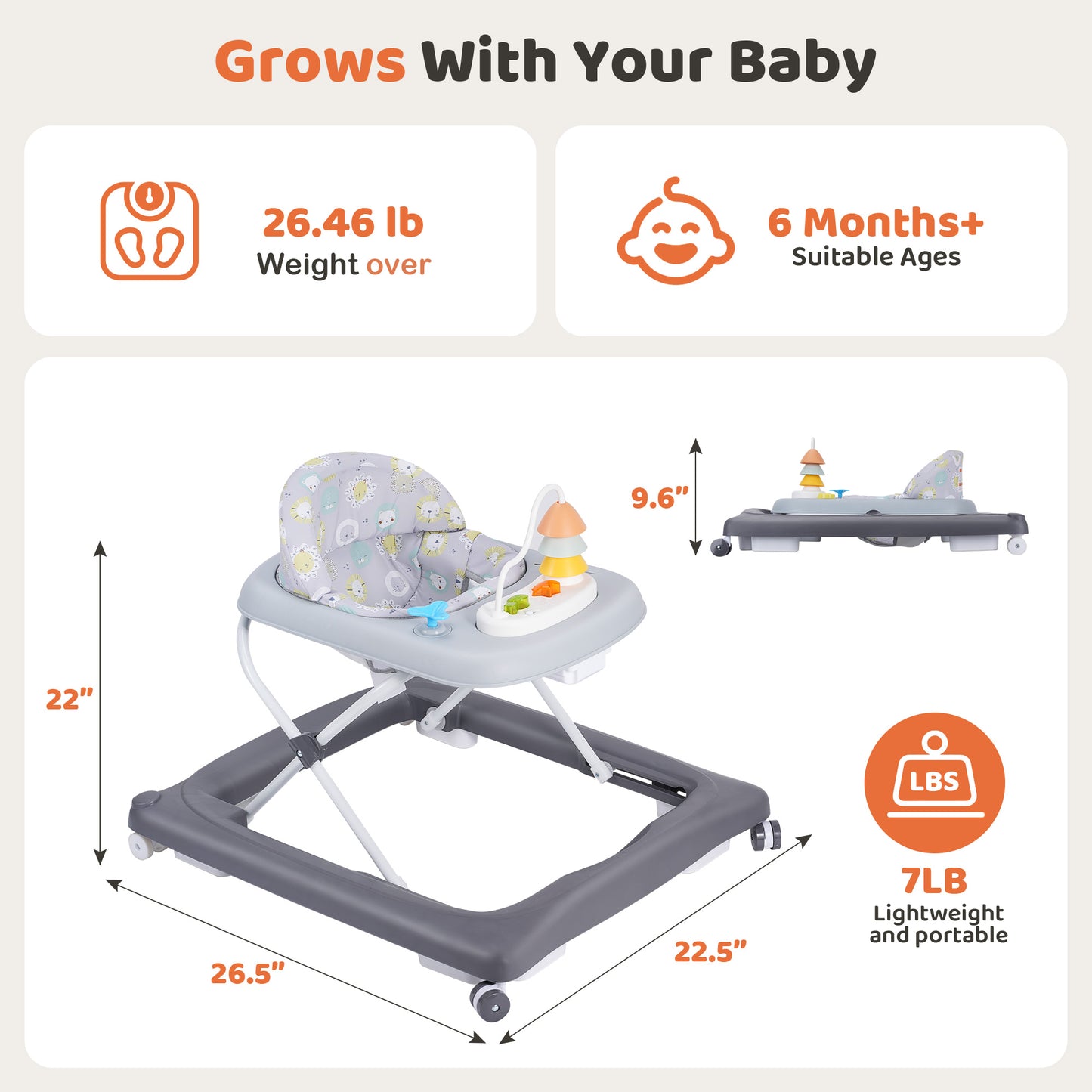 Babyeap Baby Walker,Foldable Baby Activity Walker with Wheels,Toddler Activity Centers,Removable Toys,Ages 6 Months +,Gray