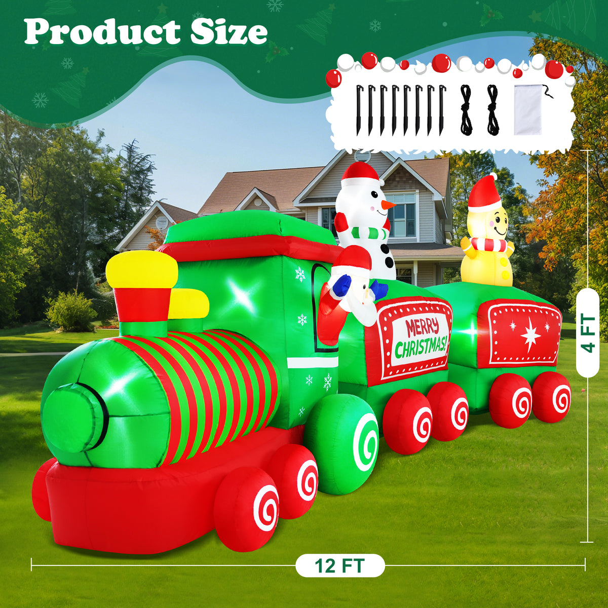 Yexmas 12FT Christmas Inflatable Train, Blow up Yard Decor Built-in LED Lights with Santa Snowman Gingerbread Man for Holiday Christmas Party Yard Garden and Lawn