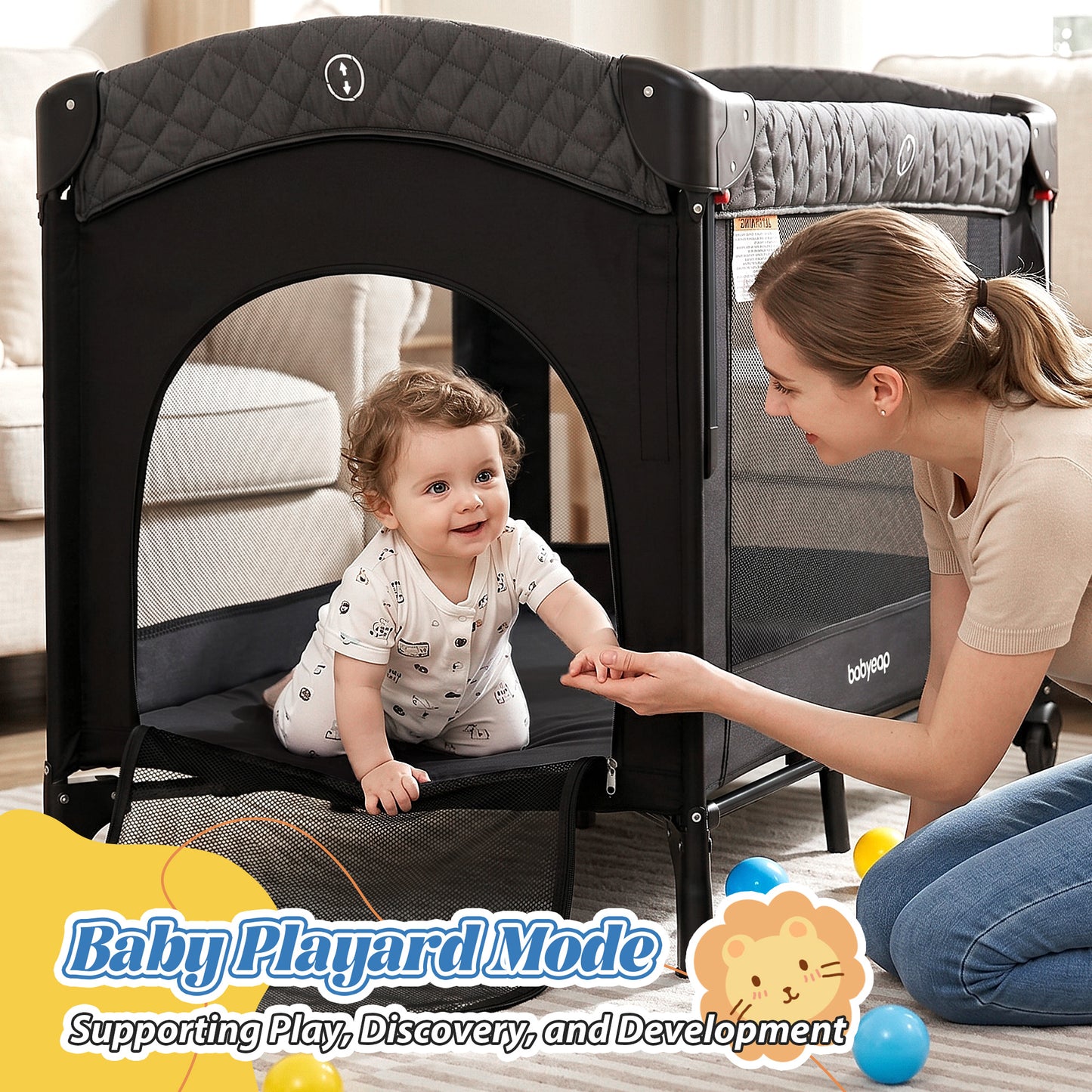 Babyeap 7-in-1 Baby Bassinet with Playard and Bedside Sleeper, Changing Table, Toy Bar, Extra Large Storage Bag, Travel Crib for Newborns and Infants, Black